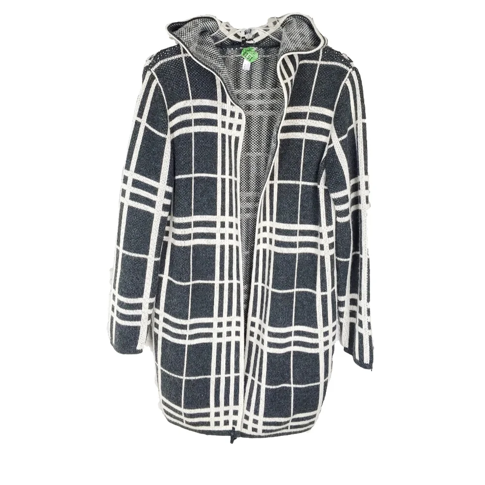Heathmoor Womens Gray & Cream Glen Plaid Hooded Open Long Cardigan Coat Size S - Picture 8 of 10